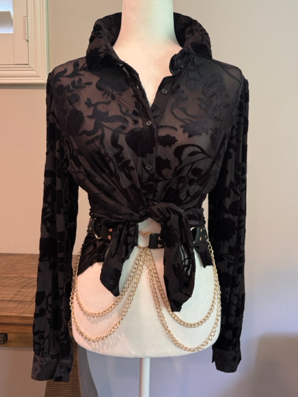 Ultra Pink Black Sheer Floral Burnout Button-Up Blouse